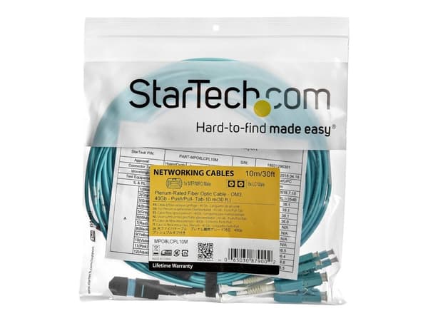 StarTech.com MTP to LC Breakout Cable - 30 ft / 10m - OM3 Multimode - 40Gb - Pull Tab - Plenum - MPO / MTP Connector - Valokaapeli (MPO8LCPL10M) - ...