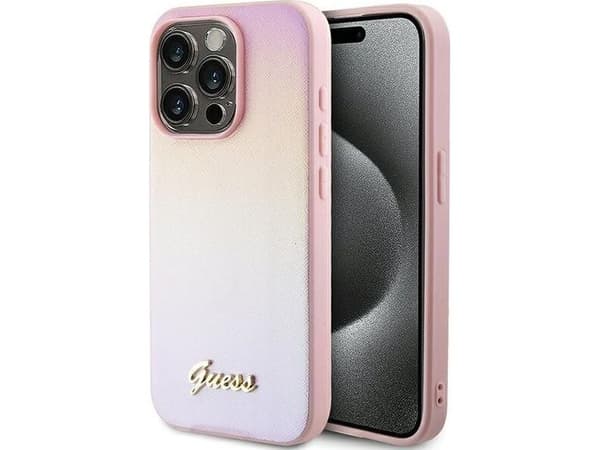Guess Saffiano iriserande script-skal för iPhone 14 Pro - rosa