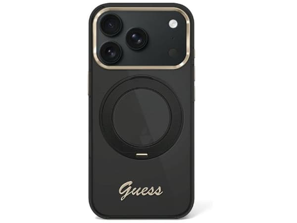 Etui Guess IML Ring Stand 360 Script Metal Logo MagSafe na iPhone 17 Pro Max / 18 Pro Max - czarne