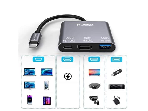 Wozinsky hub WHCH-01 USB-C PD 100W HDMI 4K@30Hz USB-A 10Gbps - grå