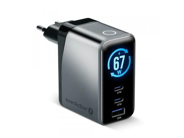GaN-nettlader 1× USB, 2× USB-C Quick Charge 4+ 67 W sort