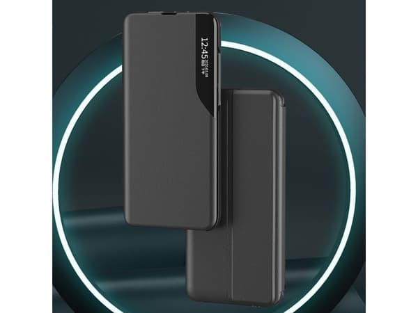 Eco Leather visningsetui med klaff og stativ til iPhone 16e / 17e - svart