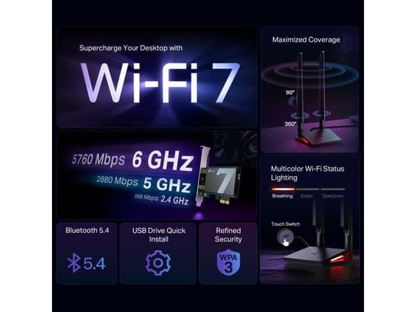 TP-Link Archer TBE550E, Intern, Trådløs, PCI Express, WLAN / Bluetooth, 9300 Mbit/s, Sort