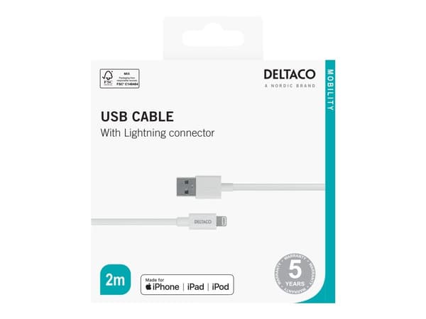 DELTACO - Lightning-kabel - USB hann til Lightning hann - 2 m - hvit