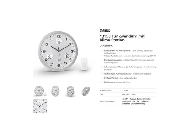 Mebus 13150 trådlös väggklocka