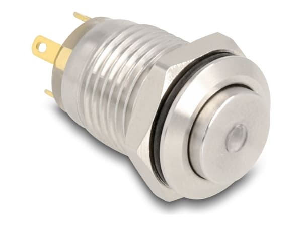 Delock - Push button - for 12 mm installation, 4 x solder connection, green LED dot - panelmonterbar - AC 230 V - sølv