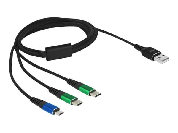 DeLOCK 87882, 1 m, USB A, 2 x USB C/Micro-USB B, USB 2.0, Musta, Sininen, Vihreä