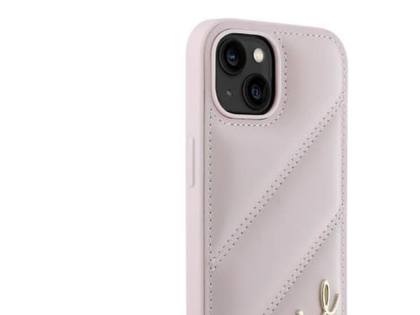 Karl Lagerfeld diagonal quiltad script-cover till iPhone 15 Plus / 14 Plus - rosa