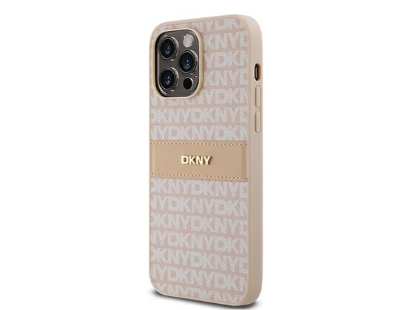DKNY läder mono stripe & metall-logoskal för iPhone 14 Pro Max - rosa