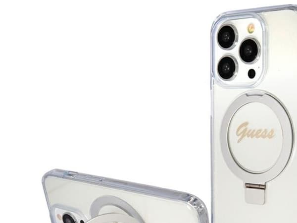 Guess Ring Stand Script Glitter MagSafe-fodral för iPhone 15 Pro - transparent