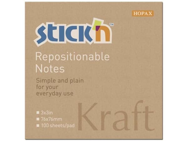 Notes, BNT Stick´n, Kraft pad, brun, 76 x76mm - (12 stk.)