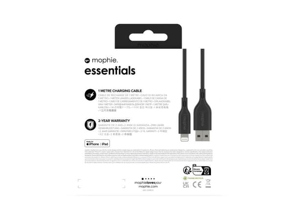 mophie essentials charging cables | 1M, 1 m, Lightning, USB A, Hankjønn, Hankjønn, Sort