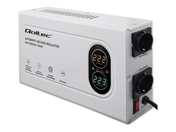 Qoltec automatisk spenningsstabilisator AVR 2000VA | 1200W | kompakt | ringkernetransformator