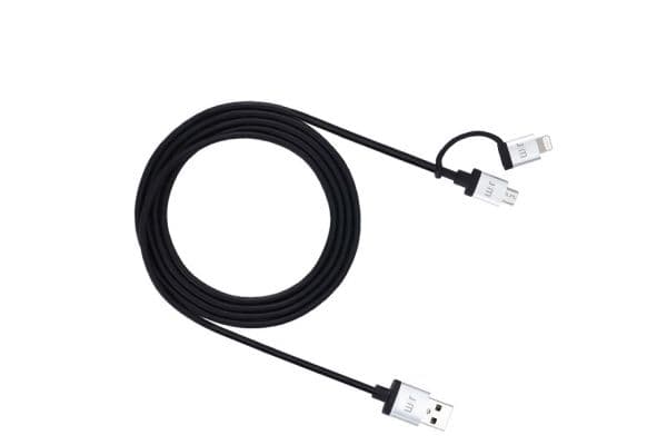 JustMobile AluCable Duo, 1,5 m, USB A, Micro-USB B/Lightning, Hankjønn/hankjønn, Aluminium, Sort