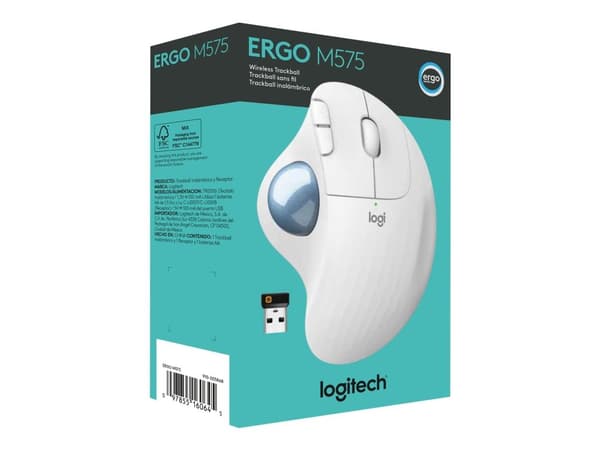 Logitech Ergo M575, Oikeakätinen, Trackball, RF Wireless + Bluetooth, 2000 DPI, Valkoinen