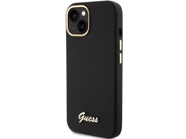 Guess silikon script metalloggo & ramme-deksel til iPhone 15 - svart
