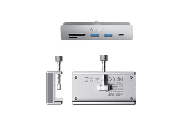 Orico USB-hub (klem-/montering) input: USB-C / output: 2× USB-A 3.2 + 1× USB-C 3.2 + SD&TF, sølv