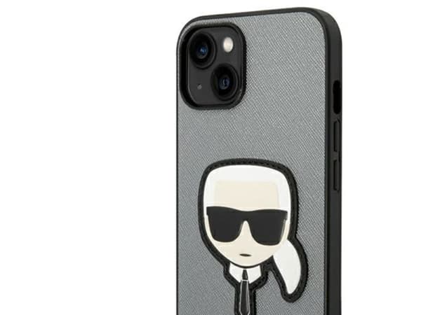 Karl Lagerfeld Saffiano Karl's Head patch-skal för iPhone 14 Plus - silver
