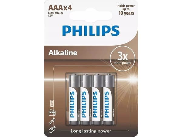 Philips LR03A4B/10, Engångsbatteri, AAA, Alkalisk, 1,5 V, 4 styck, 5 År