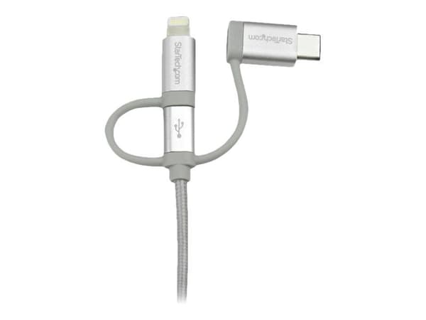 StarTech USB Multi Charging Cable - 3.3 ft / 1m - Lightning / USB-C / Micro-USB - Braided - MFi Certified - USB 2.0 - 3 in 1 Charging (LTCUB1MGR) -...