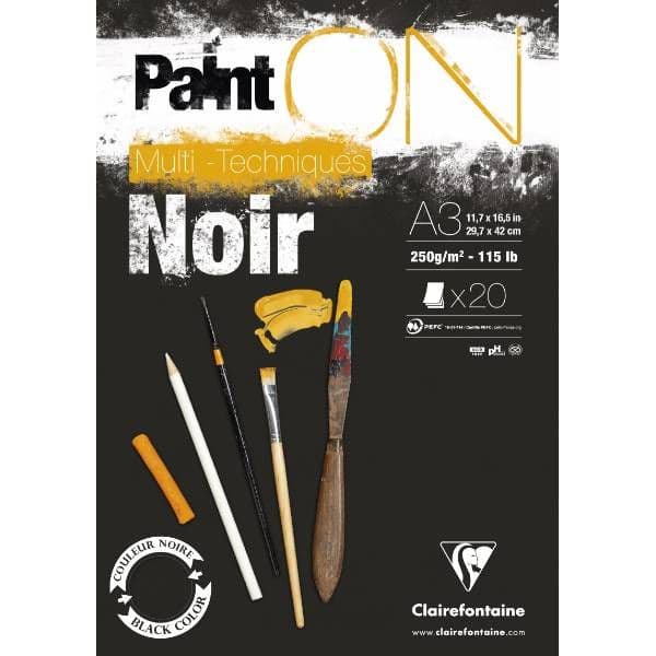 Paint-On Blok A3 250gram 20 ark sort papir, multi teknik, toplimet