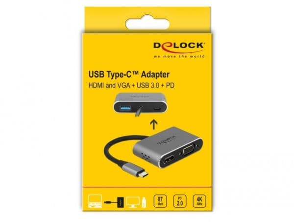 Delock - Extern videoadapter - USB-C - HDMI, VGA - grå - detaljhandel