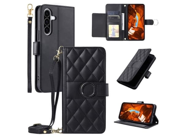Samsung Galaxy A37 5G Leather Wallet Case with Stand and Shoulder Strap - Black