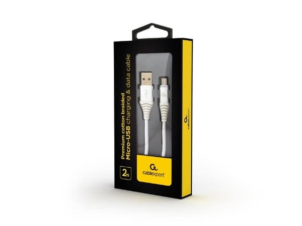 Cablexpert CC-USB2B-AMMBM-2M-BW2, 2 m, USB A, Micro-USB B, USB 2.0, 480 Mbit/s, Valkoinen
