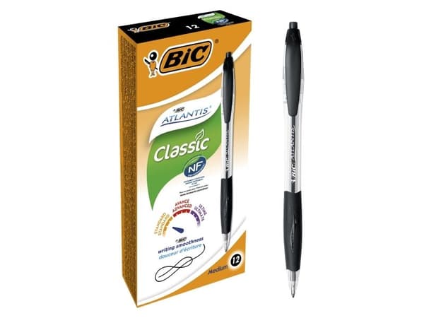 Kuglepen BIC Atlantis, medium, sort - (æske á 12 stk.)