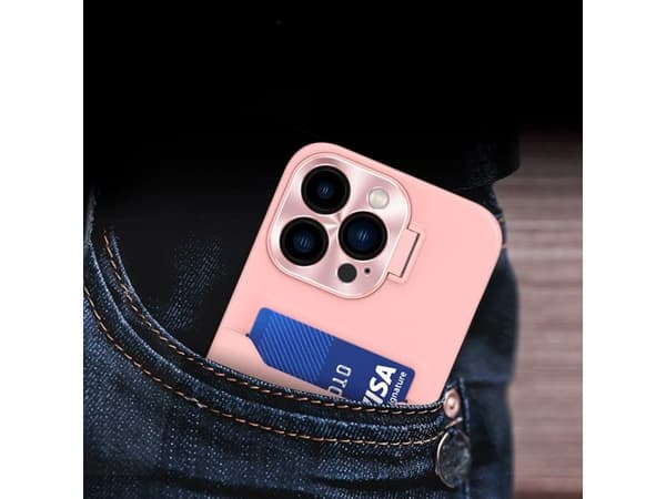 Lær stativ-deksel til iPhone 14 Plus - kortholder med stativ - rosa