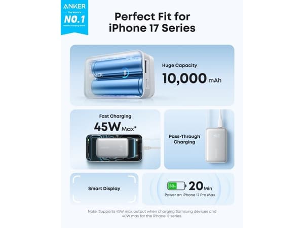 Anker A1638, 10000 mAh, 45 W, Hvit