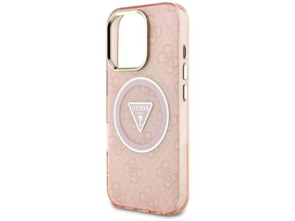 Guess IML Metal Glitter 4G Circle Triangle MagSafe-deksel til iPhone 16 Pro Max - rosa