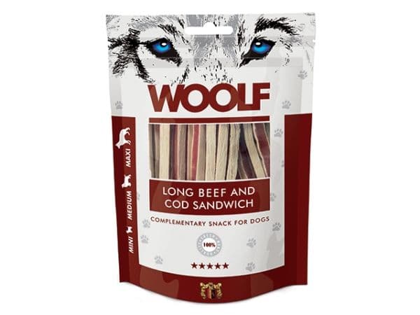 WOOLF hundgodis Long Beef & Cod Sandwich - nötkött & torsk, 100 g