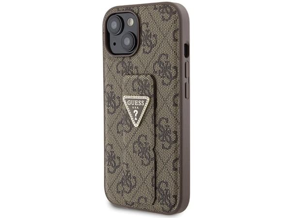 Guess Grip Stand 4G Triangle Strass-deksel for iPhone 15 - brun
