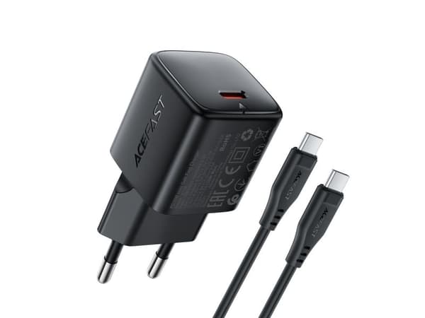 Acefast A118 30W GaN USB-C vegglader med 1,2 m USB-C til Lightning-kabel – sort
