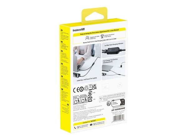 Baseus Flash 4 140 W 2-in-1 USB-C–USB-C + USB-C-kaapeli, 1,5 m – musta