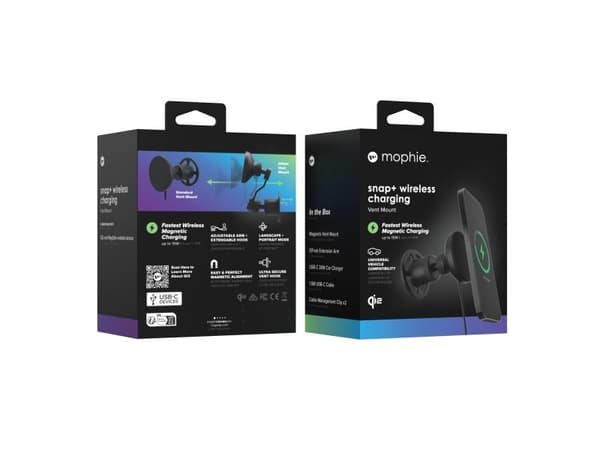 mophie Snap+ Wireless Charging Vent, Automatisk, Cigartenner/lighter, Trådløs lading, Sort
