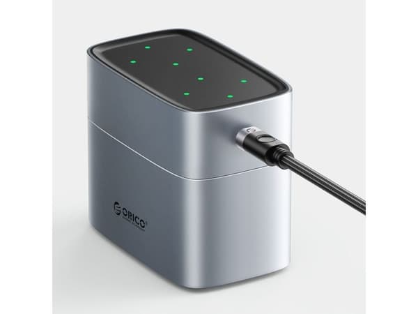 Orico EV8 batterilader for litium AA med oppbevaringsfunksjon - sølv