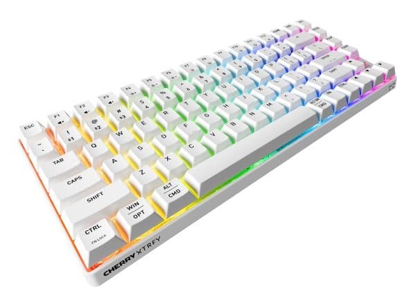 CHERRY XTRFY K33 Compact Wireless, Trådløs, USB + RF Wireless + Bluetooth, Mem-chanical key switch, QWERTY, RGB LED, Hvit