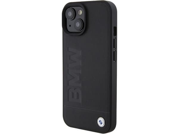 BMW lær hot stamp-deksel til iPhone 15 Plus - svart