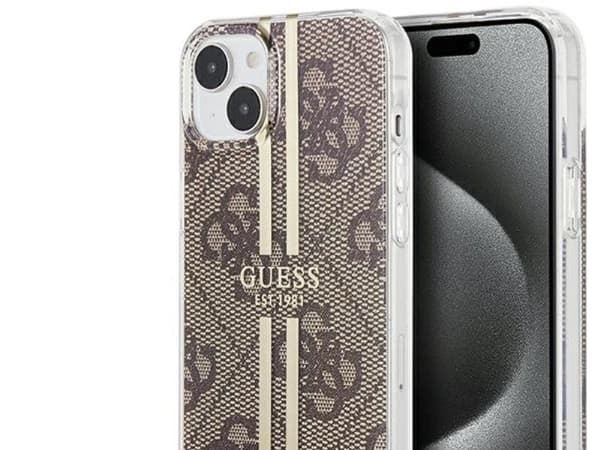 Guess IML 4G Gold Stripe case for iPhone 15 Plus / 14 Plus - brown