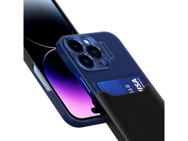 Lær-stativdeksel til iPhone 14 Plus - deksel med kortholder og stativ - blå