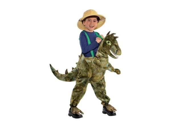Dinosaurus ratsastaa puku päällä