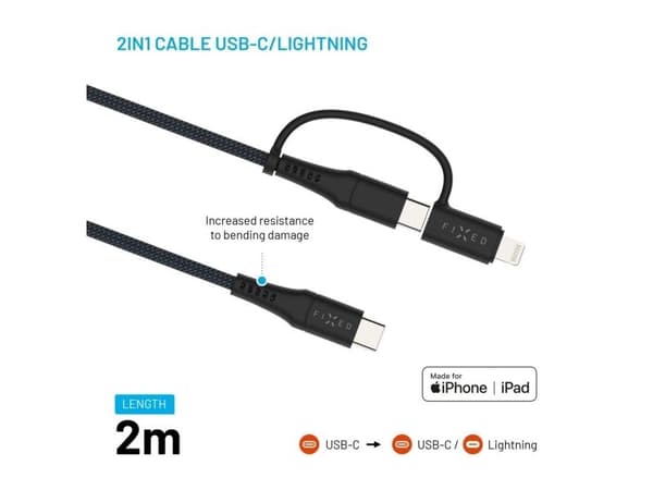 FIXED FIXDB-CCL2-GR, 2 m, USB C, USB C/Lightning, USB 2.0, 4,8 Gbit/s, Svart