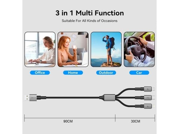USB-kabel Tech-Protect USB-A til USB-C + microUSB + Lightning 1,2 m grå (5906302330294)