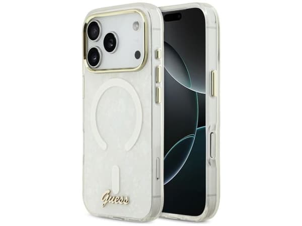 Guess IML Shell Script Metal MagSafe suojakotelo iPhone 17 Pro Maxille - valkoinen