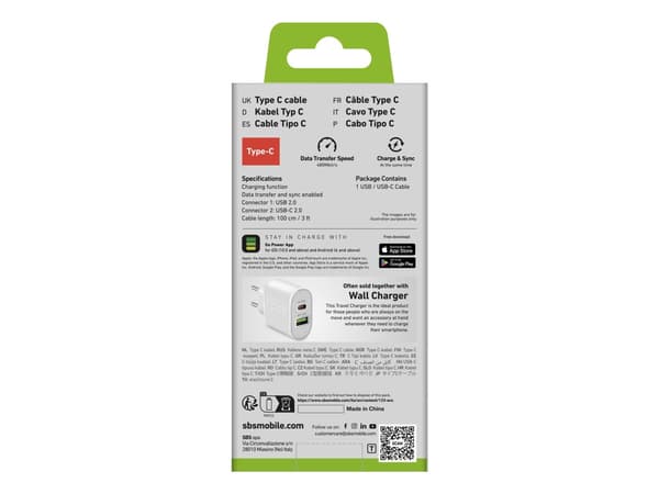 SBS TECABLEMICROC10W, 1 m, USB A, USB C, USB 2.0, 0,48 Gbit/s, Vit