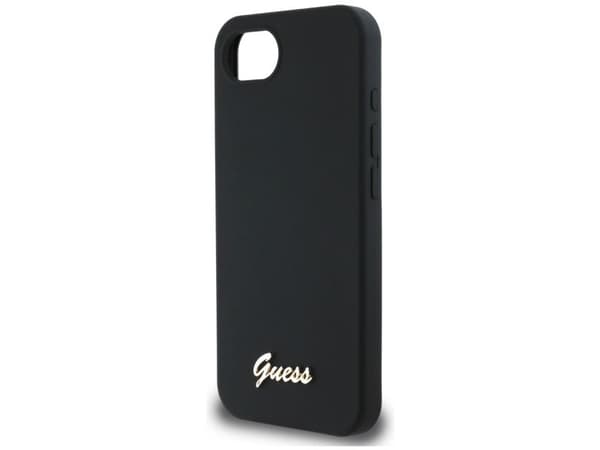 Guess Silicone Script Metal Logo MagSafe iPhone 16e-skal - Svart