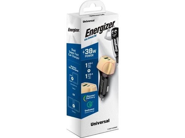 Energizer Ultimate bil-lader USB-C & USB-A 38W PD + QC3.0 (gull/svart)