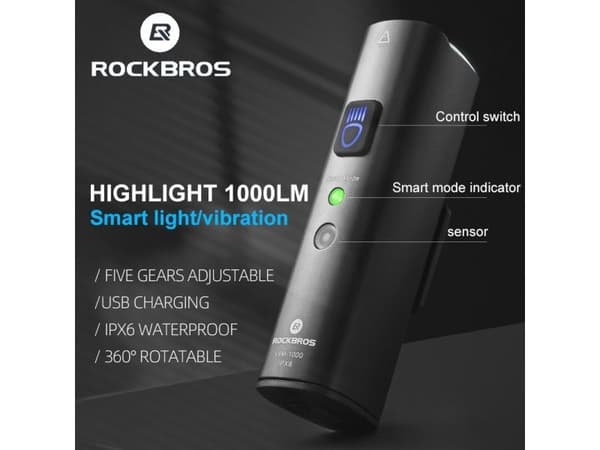 RockBros front sykkellys 1000lm 5 moduser lommelykt vanntett USB ROCKBROS